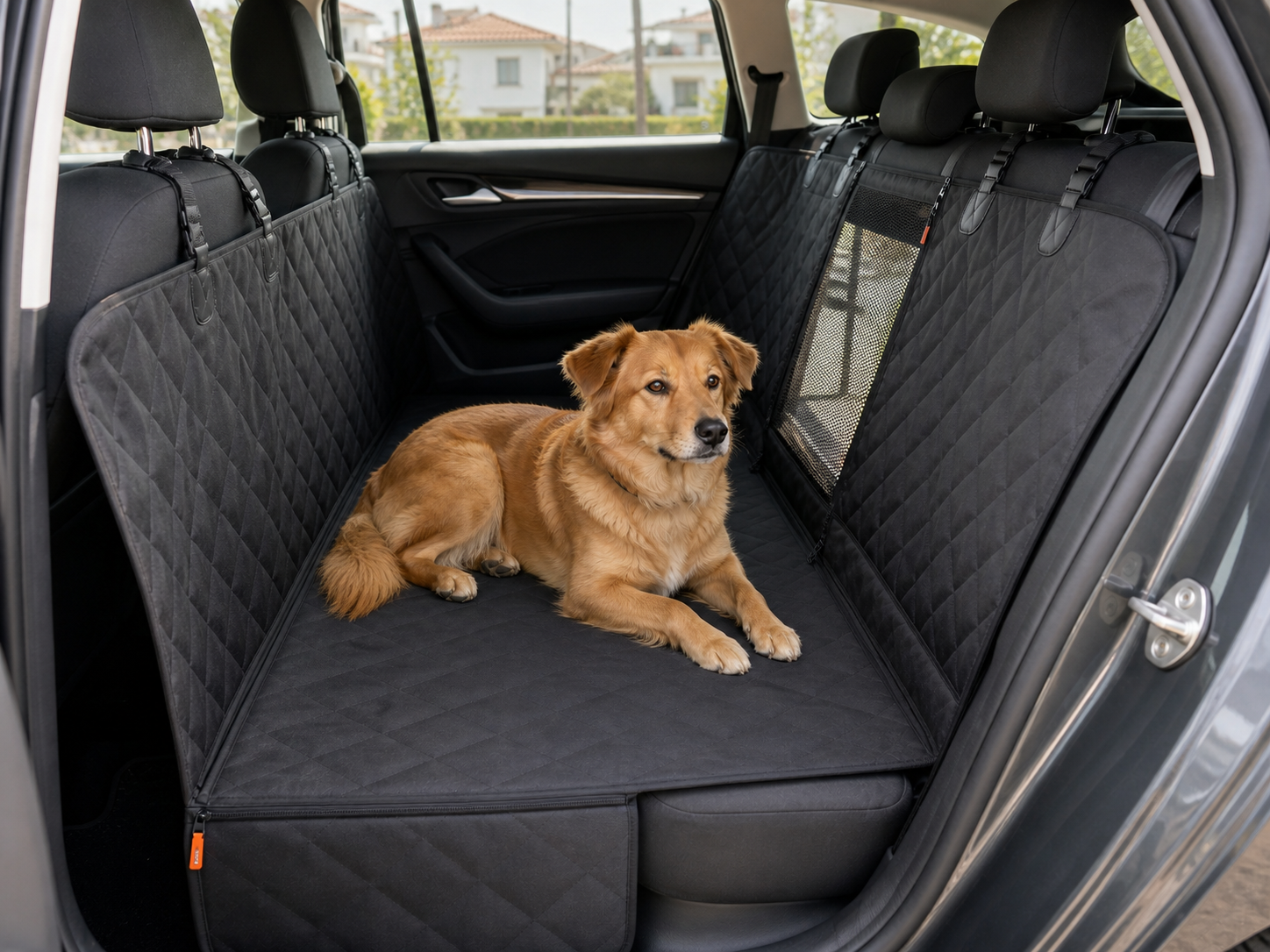 Perro sobre Rastro Base instalado en el asiento trasero