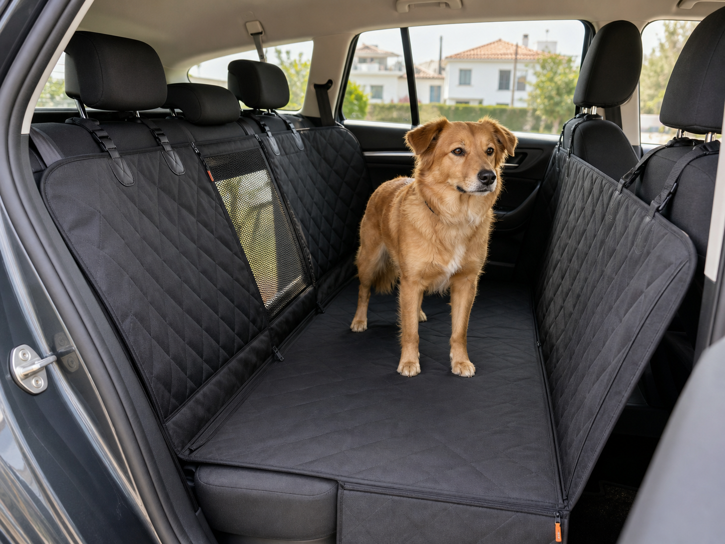 Perro sobre Rastro Base instalado cubriendo el asiento trasero